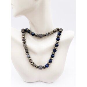 Hipchik Blue & Gray Gemstone Pavé Bead Statement Necklace Boho Luxe 42” Long